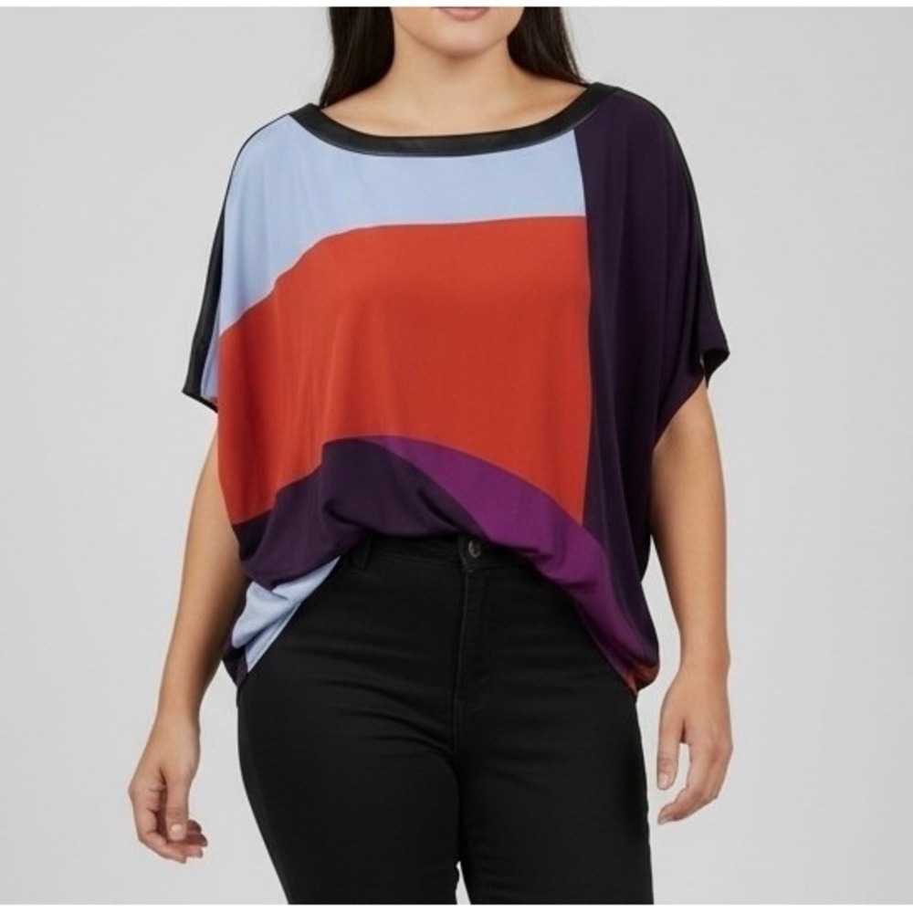 Worthington Woman 2X Colorblock Dolman Top Faux Leather Trim Abstract Geometric